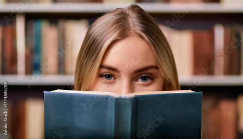 Junge Frau hinter einem Buch photo