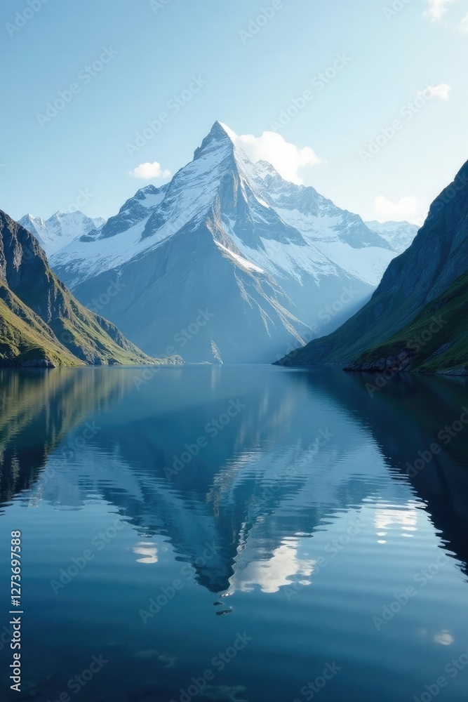 Snowy mountain peaks reflected in a serene fjord, , fjords Snowy mountain peaks reflected in a serene fjord, , fjords