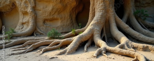 Ancient tree roots in fossiliferous limestone, earthy tones, earthy textures