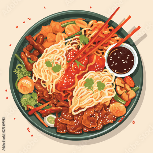 food, chinese, asian, background, restaurant, cooking, meal, design, cuisine, delicious, gourmet, dinner, dish, asia, plate, tasty, noodle, yellow, lunch, thai, traditional, vegetable, vector, table, 