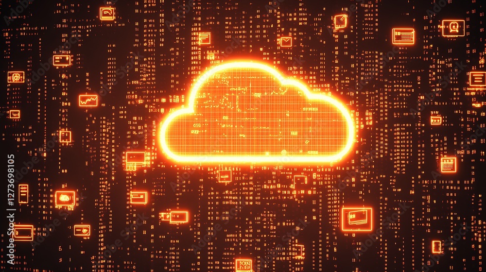 Vibrant Cloud Icon Surrounded by Digital Data Icons on Dark Background : Generative AI