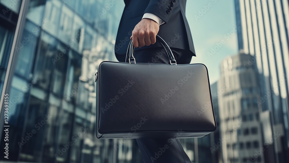Confident Man Holding Briefcase in Business District Highlighting Urban Professional Lifestyle : Generative AI