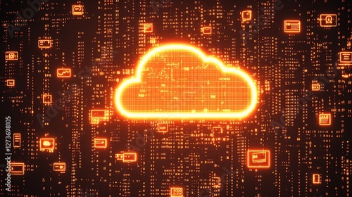 Obraz na płótnie Vibrant Cloud Icon Surrounded by Digital Data Icons on Dark Background : Generative AI w salonie