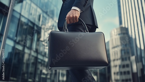 Obraz na płótnie Confident Man Holding Briefcase in Business District Highlighting Urban Professional Lifestyle : Generative AI w salonie