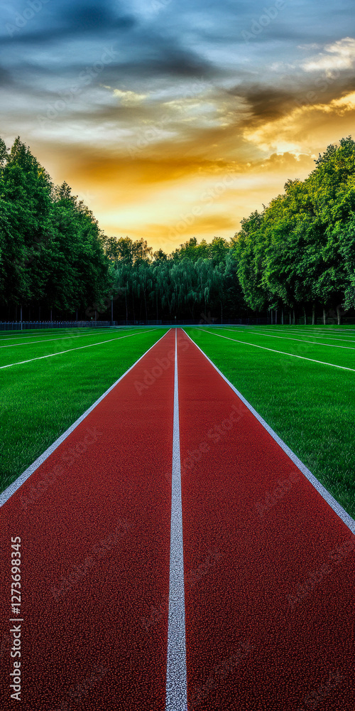 Naklejka premium A vibrant red running track leads into a lush green field under a dramatic sunset sky, symbolizing the journey of athletes and the spirit of determination.