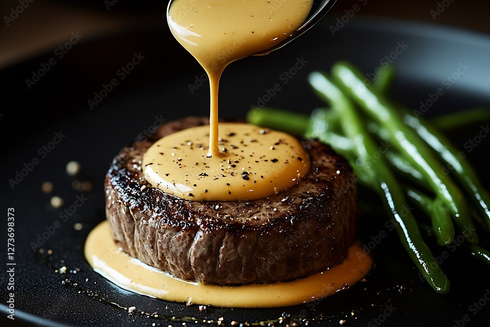 Juicy Steak with Savory Sauce Poured Over Fresh Green Beans Garnished with Herbs for Tasty Meal : Generative AI