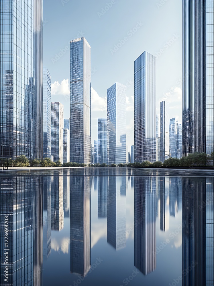 Breathtaking View of Skyscrapers and Water Reflecting in a Sunny Urban Environment : Generative AI
