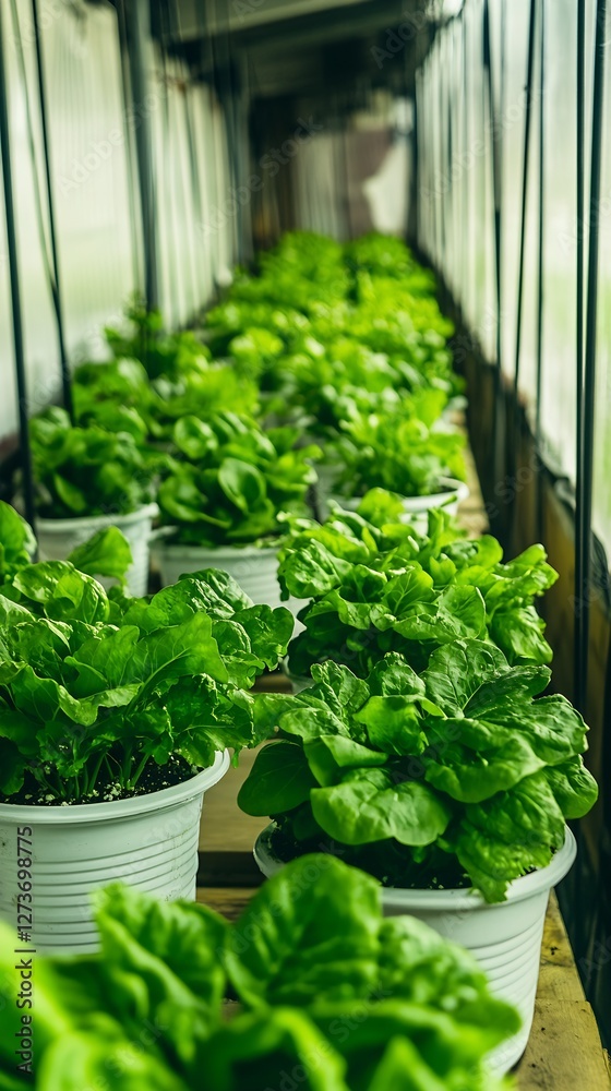 Lush Healthy Lettuce Growing in Rows Inside a Greenhouse Environment : Generative AI
