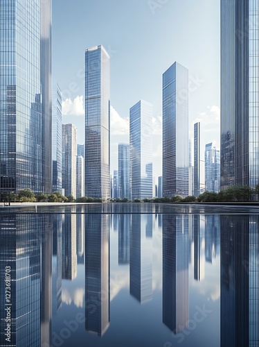 Obraz na płótnie Breathtaking View of Skyscrapers and Water Reflecting in a Sunny Urban Environment : Generative AI w salonie