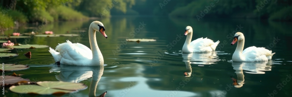 Fototapeta premium A tranquil pond with water lilies and a few swans gliding peacefully on the surface, swans, reflection