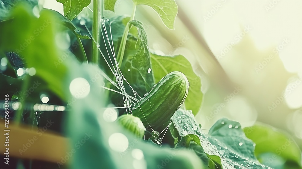 Fresh and Healthy Cucumbers Growing in Sunlight with Water Drops on Leaves : Generative AI