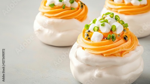 Delicious meringue desserts topped with creamy orange frosting and green garnish, perfect for sweet treats and celebrations.