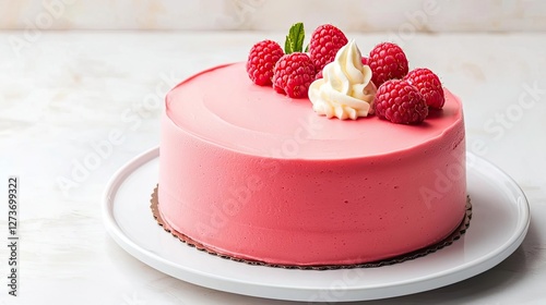 Delicious pink raspberry cake topped with fresh raspberries and whipped cream, presented on a white plate against a subtle marble background.
