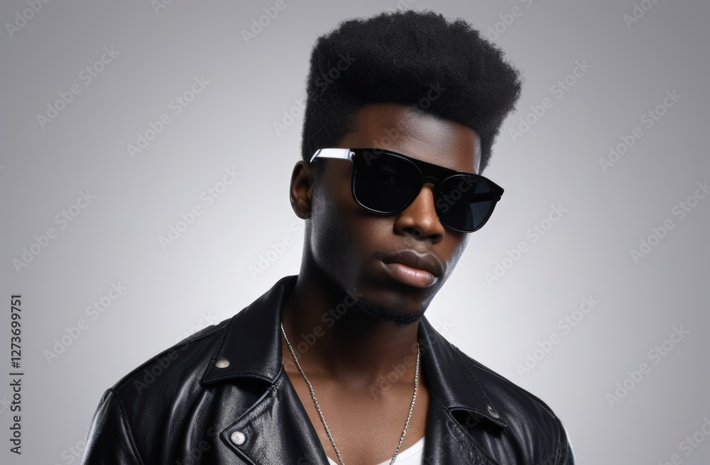 Obraz premium Vibrant Bright Studio Portrait of a confident young black man with Bold Neon Backdrop. Fashion editorials, creative advertising, music branding, digital art portfolios, Banner, Poster