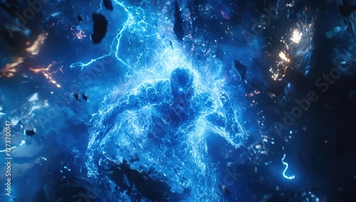 Flashing electric blue lightning creates an epic effect in the background. anthropomorphic fire elemental energy