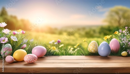 Easter product display featuring colorful eggs and spring flowers against a bright sunny backdrop. Generative AI