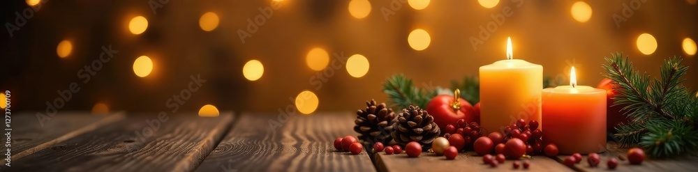 Wooden table and candles with a golden christmas background, christmas, wooden Wooden table and candles with a golden christmas background, christmas, wooden