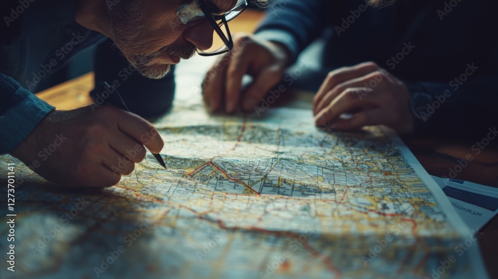 A detective reviewing a map with potential locations of interest marked. Featuring planning and investigation A detective reviewing a map with potential locations of interest marked. Featuring planning and investigation