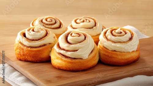 Freshly baked cinnamon rolls with cream cheese frosting on a wooden platter, perfect for breakfast or dessert.