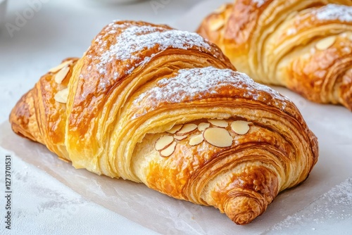 Freshly baked croissant topped with powdered sugar and almond flakes on a white background, perfect for breakfast or pastry lovers.