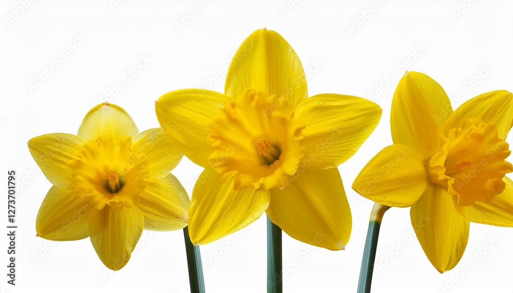 Fototapeta premium ithree spring flowers of bright yellow daffodils solated on white background isolated on transparent format available