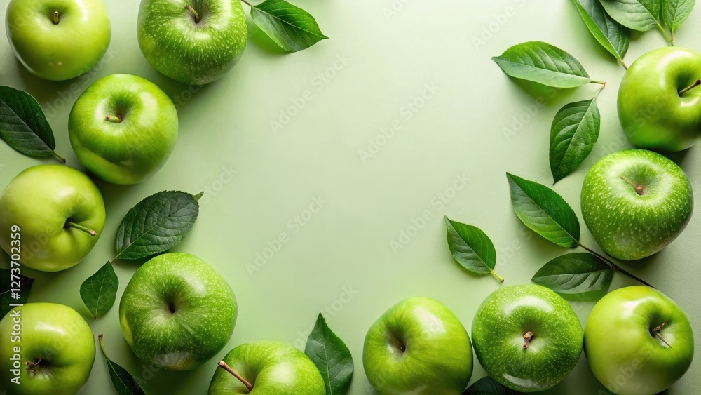 A vibrant arrangement of fresh green apples and leaves, creating a natural frame on a pastel background.