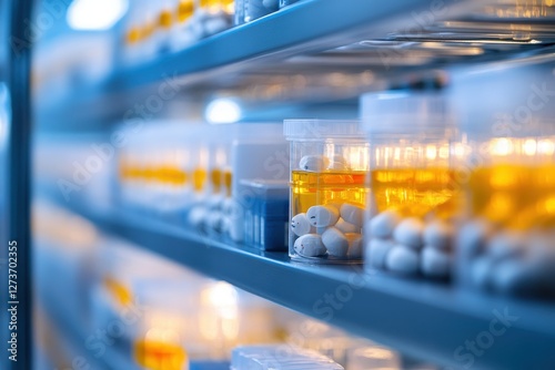 Clear Medication Containers on Shelf in Medical Storage Room