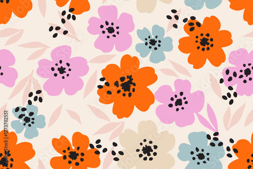  Colorful floral pattern with flowers and  leaves. Textile trendy pattern