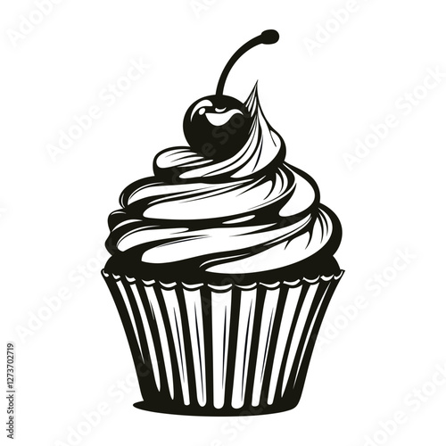 Simple cupcake cherry on top linear illustration dessert black vector