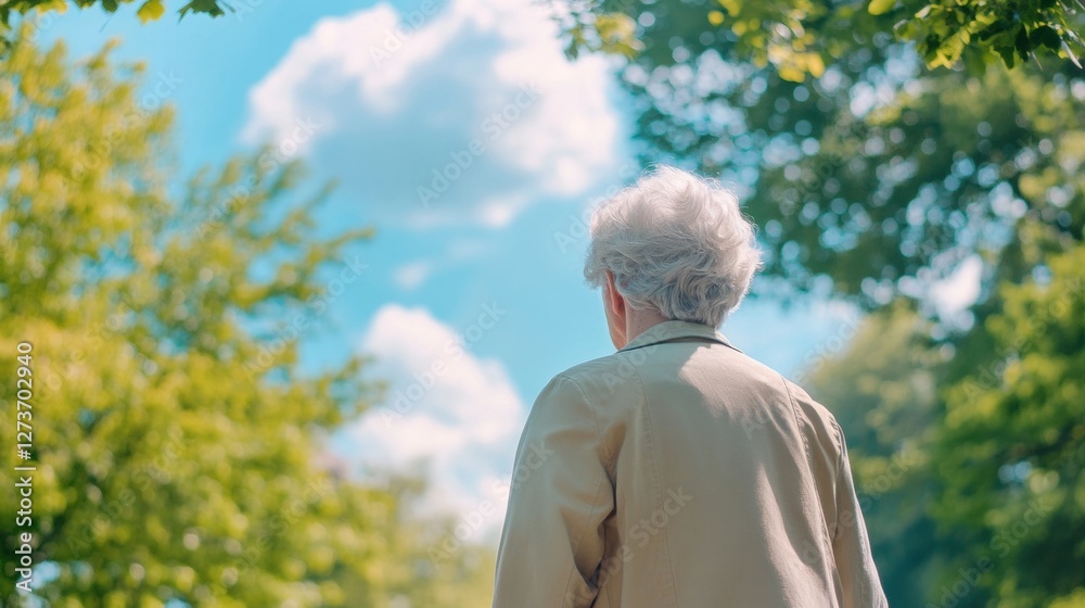 Elderly Person Walking in Nature Under Clear Blue Sky with Trees Elderly Person Walking in Nature Under Clear Blue Sky with Trees