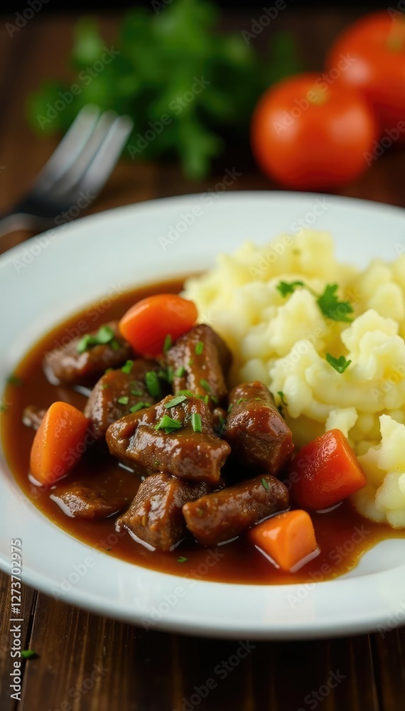 Colorful plate of stewed meat and mashed potatoes, savory, beef and potatoes, homely Colorful plate of stewed meat and mashed potatoes, savory, beef and potatoes, homely