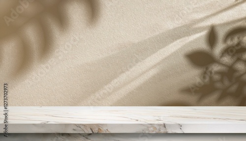 empty marble neutral taupe tabletop and white textured wall background with soft abstract natural sun light shadows product podium template