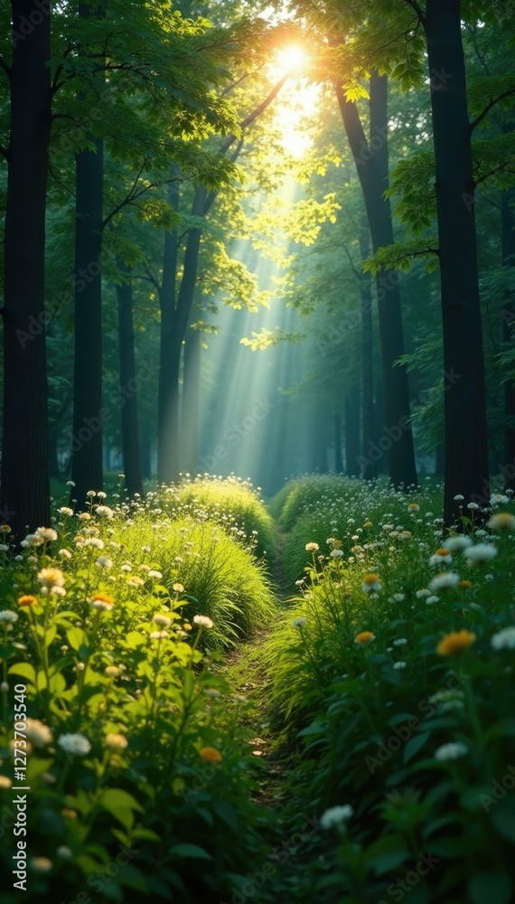 Fototapeta premium Dense prairie growth blocks sunlight filtering through forest canopy, overgrowth, undergrowth, prairie