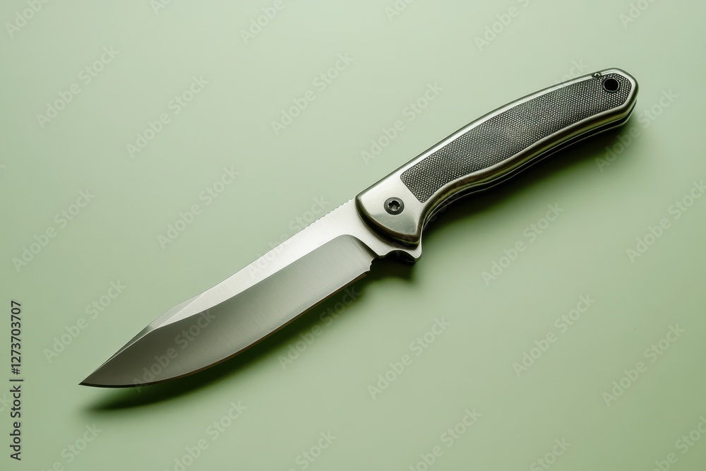 Fototapeta premium Close up shot of a silver knife on green backdrop