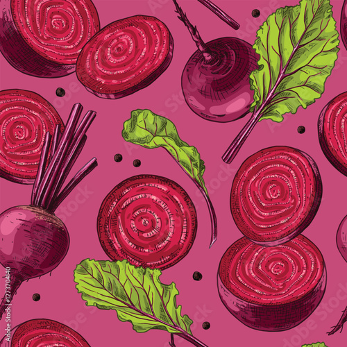 Hand drawn colorful beetroot. Vector seamless pattern of with a whole beetroot, cut in half, slices and leaves. For kitchen design, food packaging, textiles.