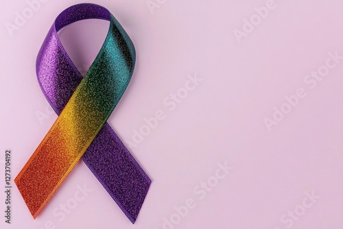 Rainbow ribbon on a pastel pink background. Symbolizes diversity, inclusion, and support for LGBTQ+ rights. Perfect for awareness campaigns.