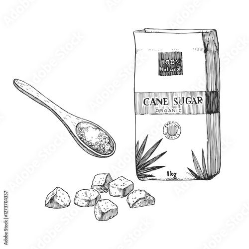 Vector hand-drawn illustration of a granulated and cube cane sugar. Black and white spices in package and wooden spoon. 