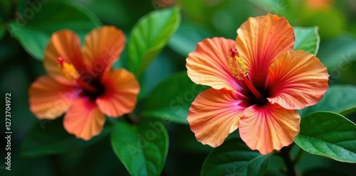 Colorful hibiscus leaves on a Guadeloupe bush, botany, green, tropical