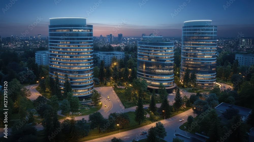 Fototapeta premium Illuminated Modern Towers Amidst Cityscape Greenery