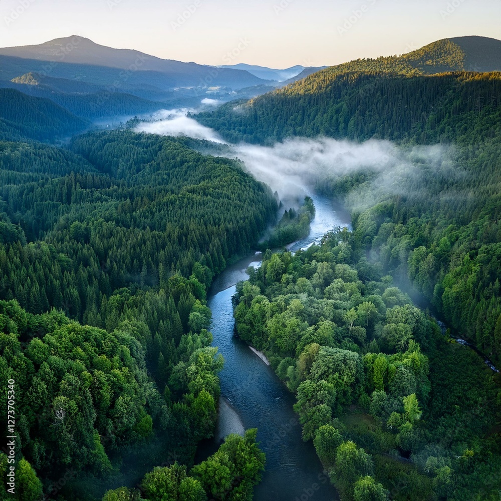 A high-altitude drone shot of a dense, misty forest with a meandering river cutting through the landscape A high-altitude drone shot of a dense, misty forest with a meandering river cutting through the landscape