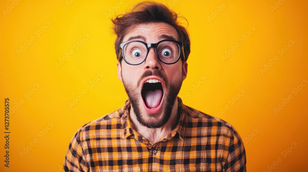 Surprised man in glasses on yellow背景。 Surprised man in glasses on yellow背景。