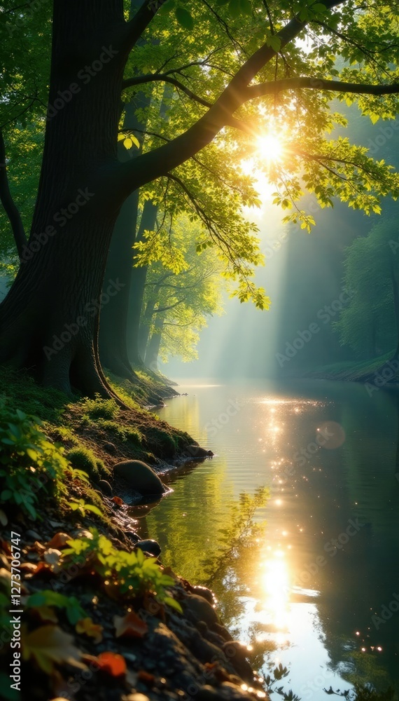 Obraz premium Sunlight filtering through trees on a riverbank, leaves, serenity, sunlight