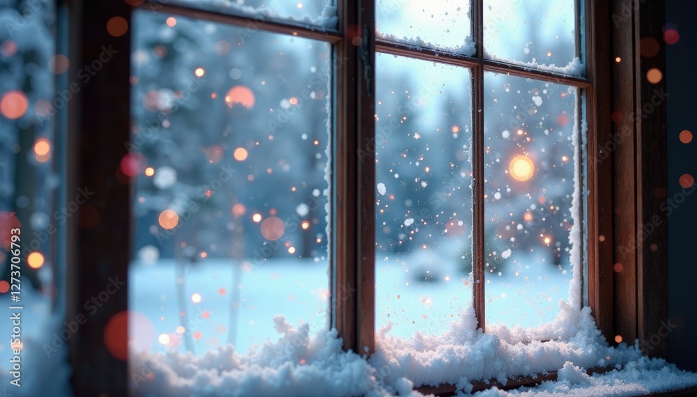Naklejka premium Confetti-filled snowy windowpane with colored sparks, festive windows, snowy backdrop, snowy landscape