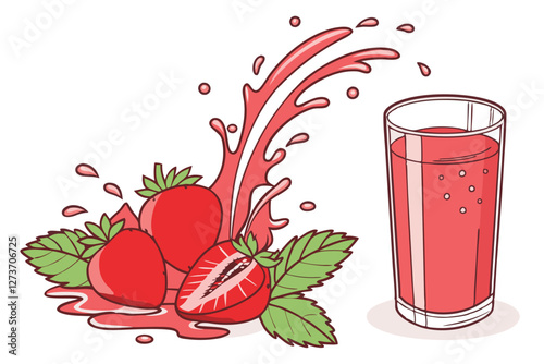  Vibrant strawberry smoothie, Glass of red fruit juice, Fresh strawberries, Splashing liquid, Dynamic composition, White background, High-speed photography, Crisp details, Juicy fruits, Refreshing b