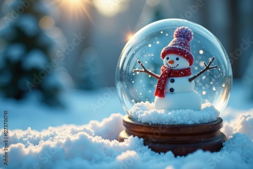 Swirling snow inside a snow globe with a snowman, winter wonderland, globe photo