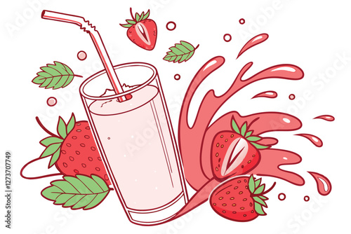  Vibrant strawberry smoothie, Glass of red fruit juice, Fresh strawberries, Splashing liquid, Dynamic composition, White background, High-speed photography, Crisp details, Juicy fruits, Refreshing b