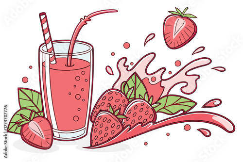  Vibrant strawberry smoothie, Glass of red fruit juice, Fresh strawberries, Splashing liquid, Dynamic composition, White background, High-speed photography, Crisp details, Juicy fruits, Refreshing b