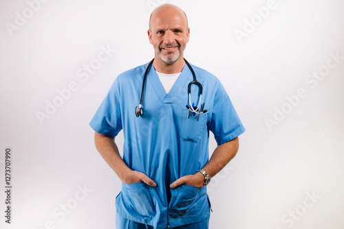 A Doctor in light blue gown looking at camera in studio. photo