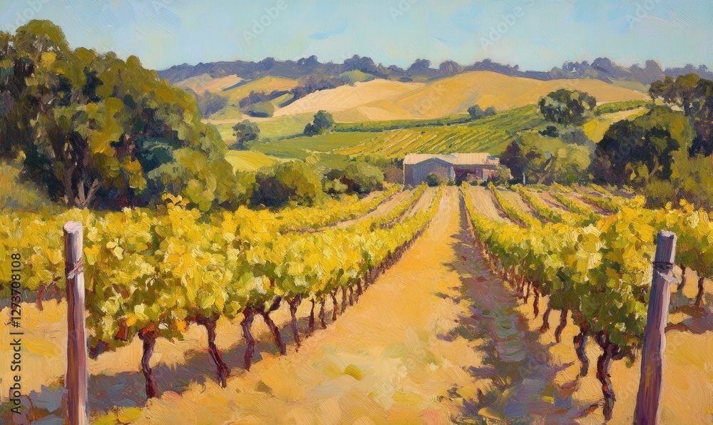 Fototapeta premium Sunny vineyard landscape in countryside. Golden vines rows and hills in background, suitable for travel blogs