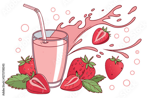  Vibrant strawberry smoothie, Glass of red fruit juice, Fresh strawberries, Splashing liquid, Dynamic composition, White background, High-speed photography, Crisp details, Juicy fruits, Refreshing b